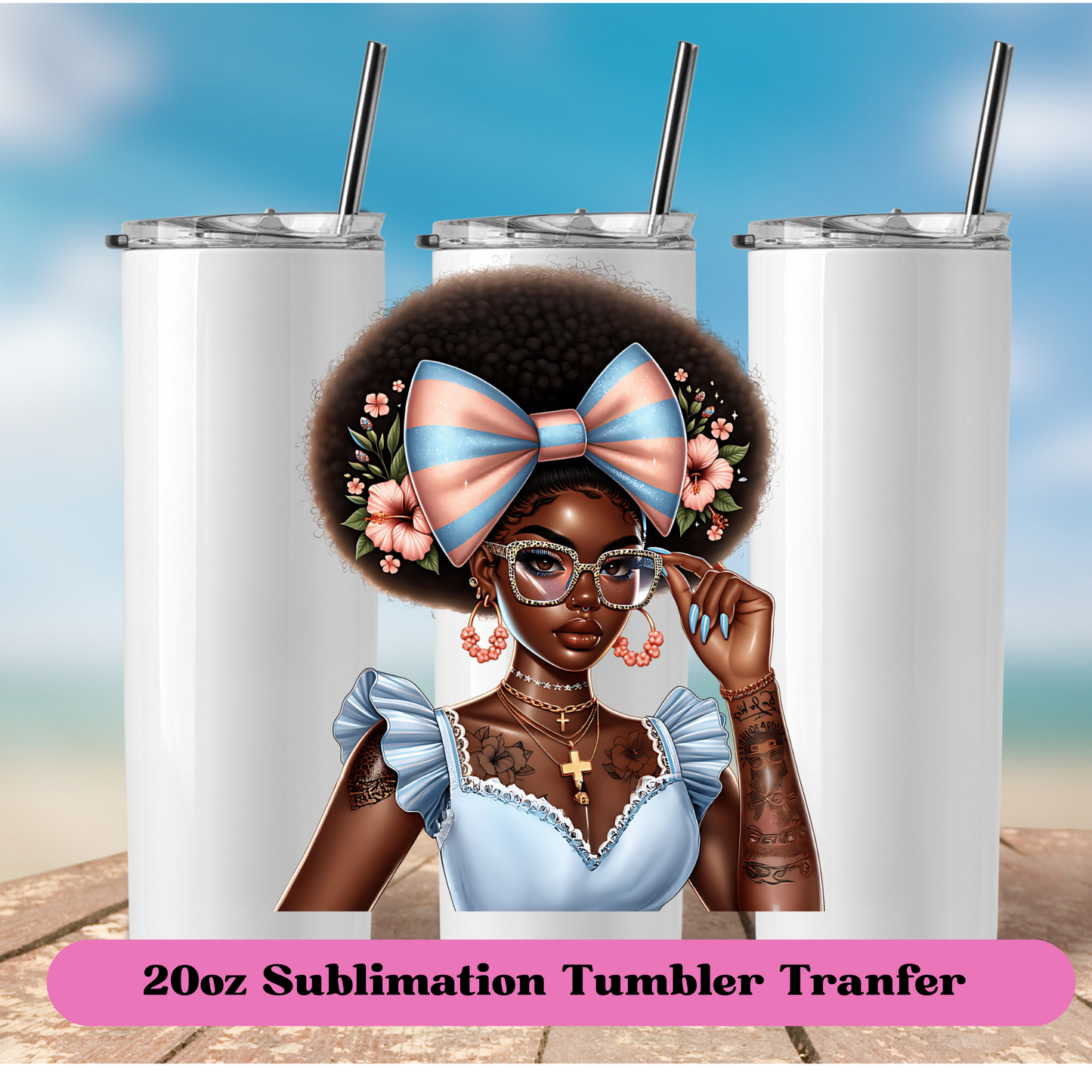 Black woman blue ,pink bow-20oz Skinny Tumbler (NOT A WRAP)