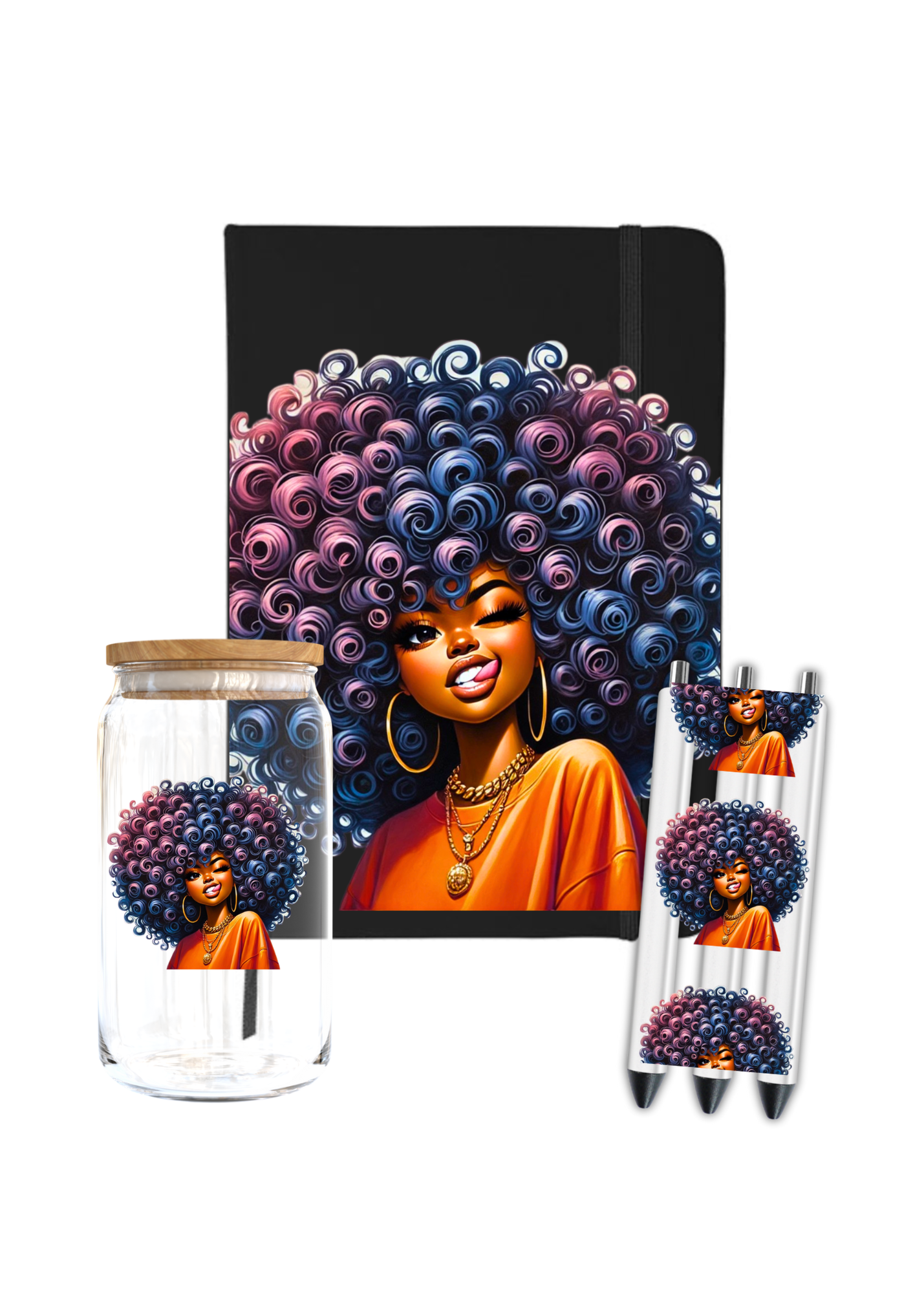 Black Woman curly hair -orange shirt- Journal UV DTF