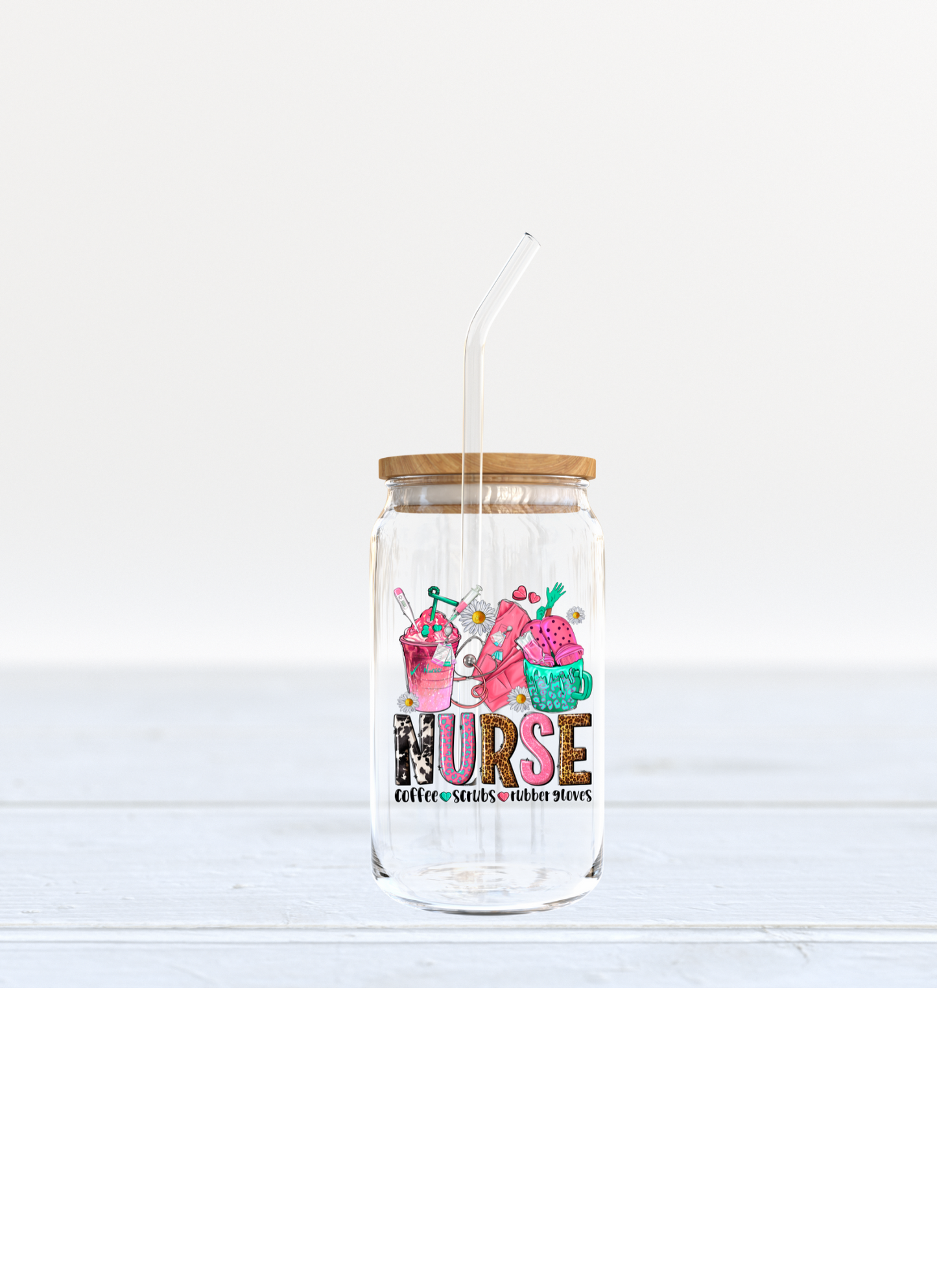 Nurse -coffee, scrubs, rubber gloves UV DTF DECAL 3''