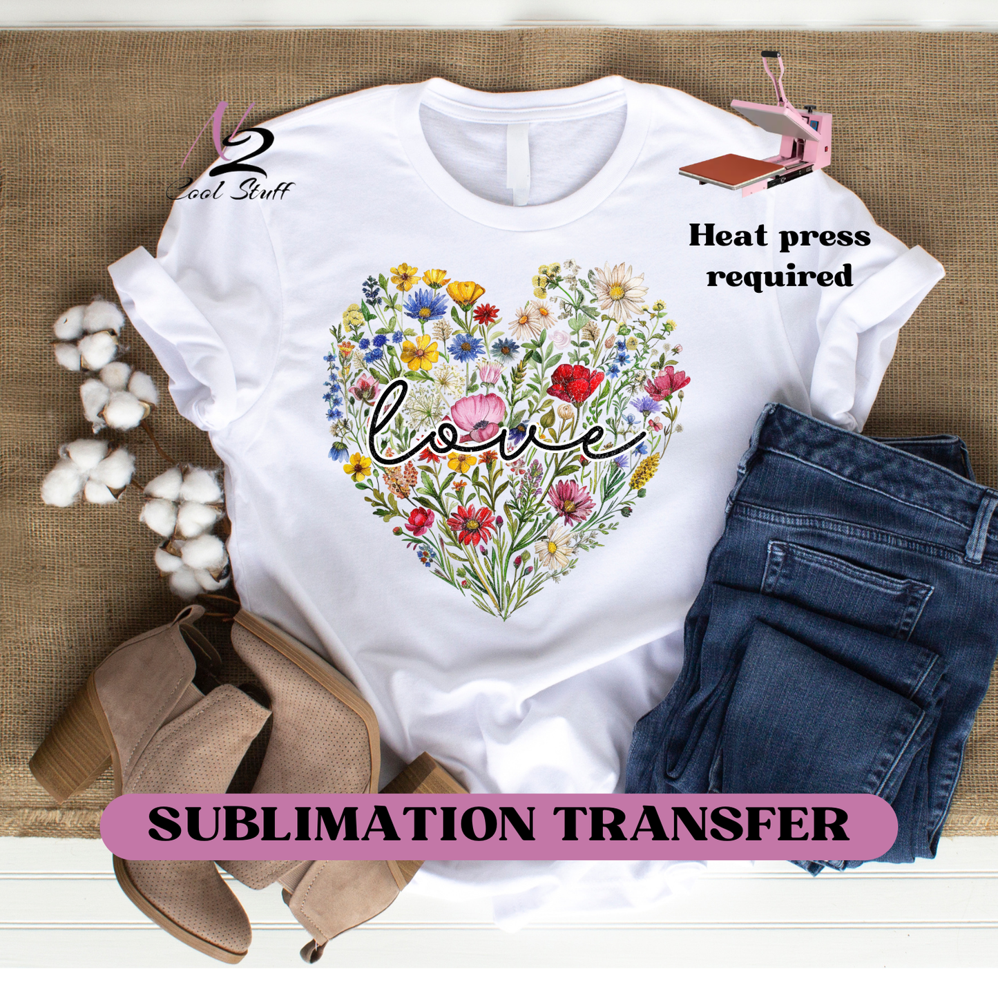 Flower heart LOVE -Ready to press SUBLIMATION transfer