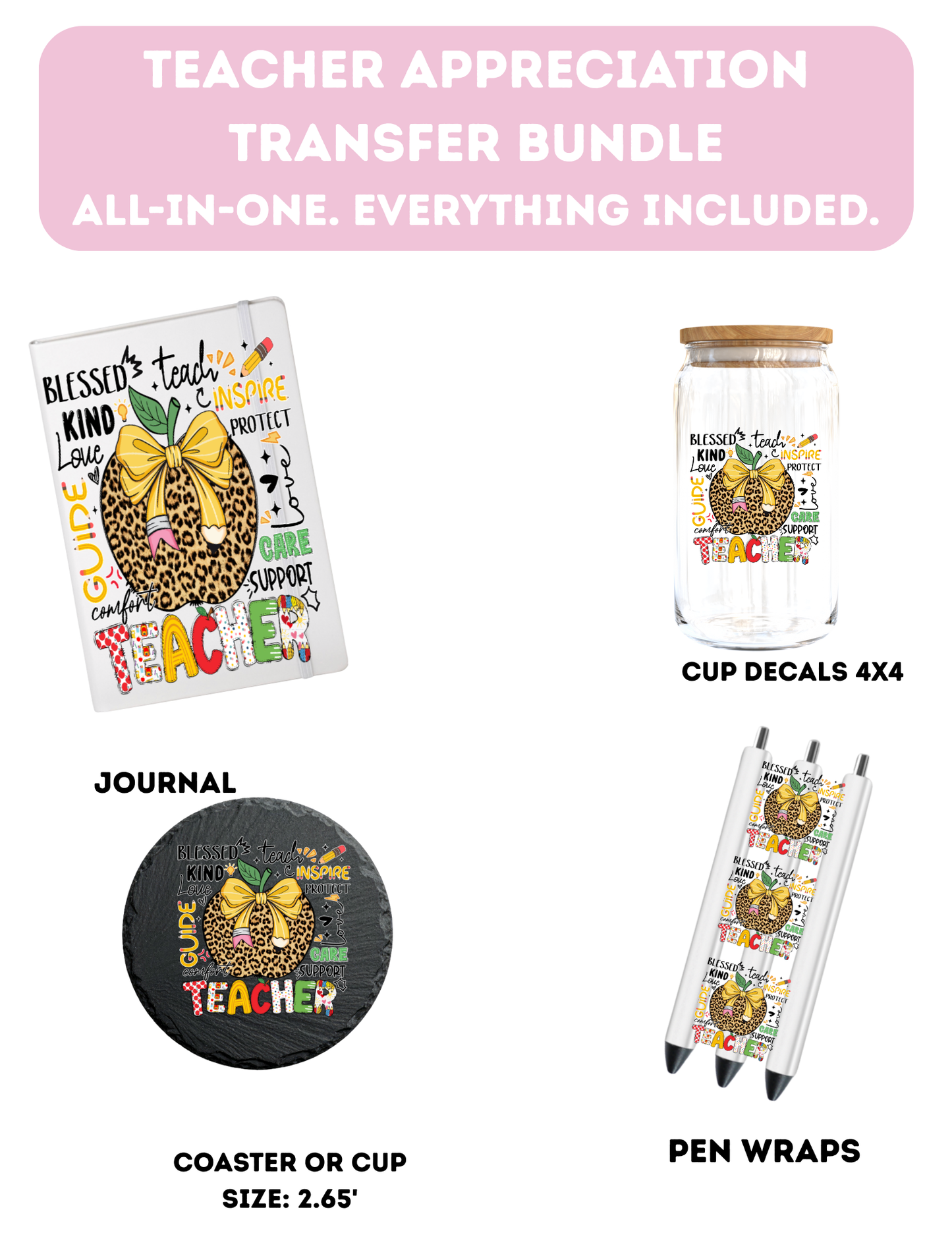 Teacher Affirmation Leopard apple- Everything Included-UV DTF