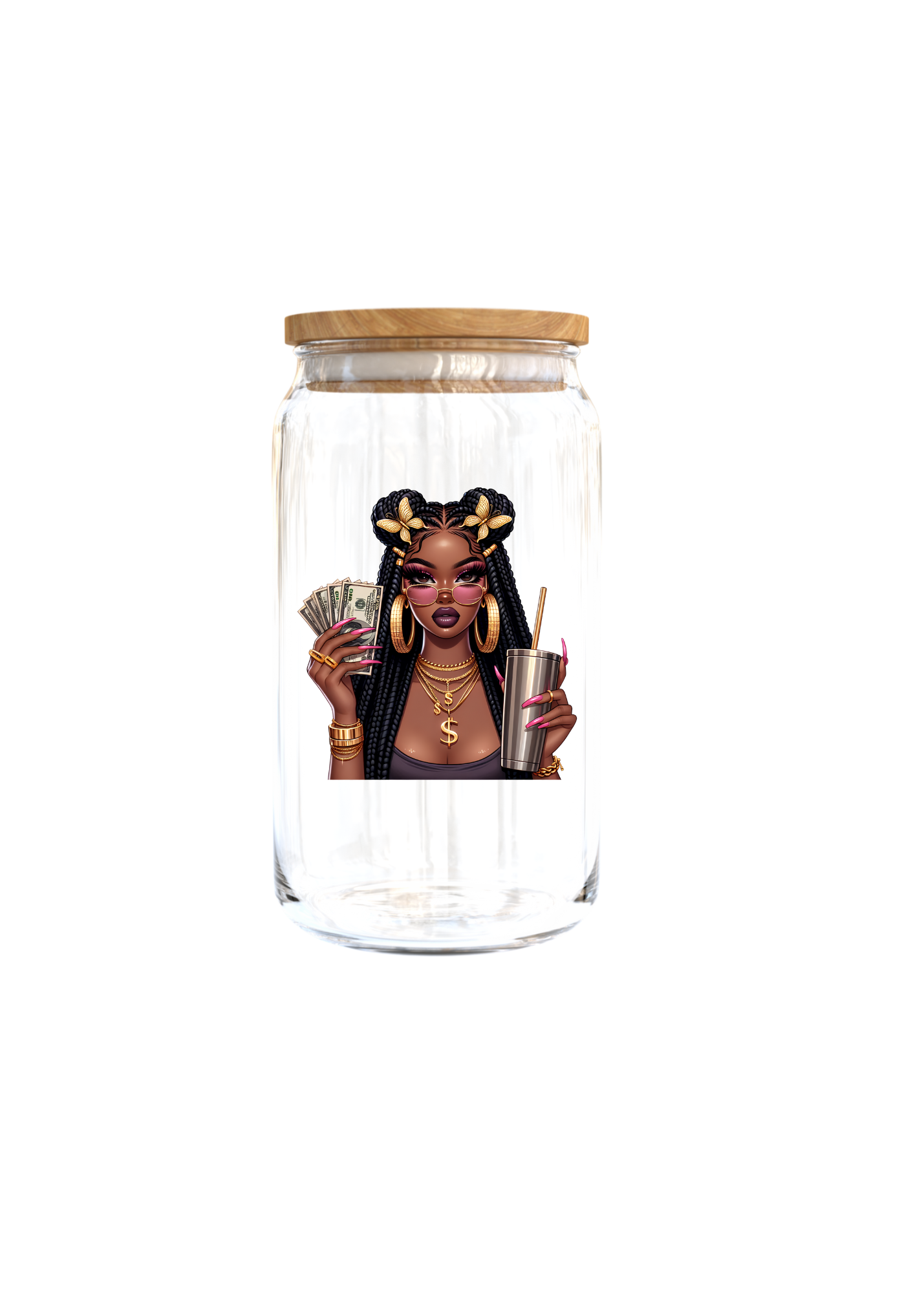 Black woman with braids gold butterfiles in hair tumbler in hand-UV DTF