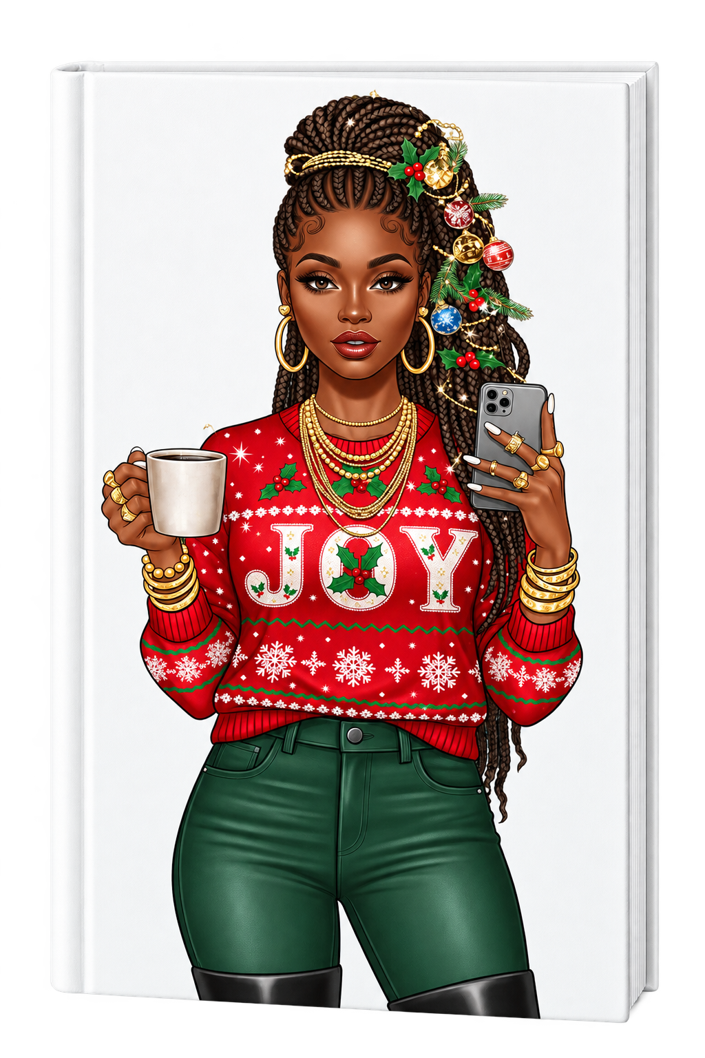 Joy ( Lady phone & holding mug looking straightforward ) (Christmas theme) -UV DTF