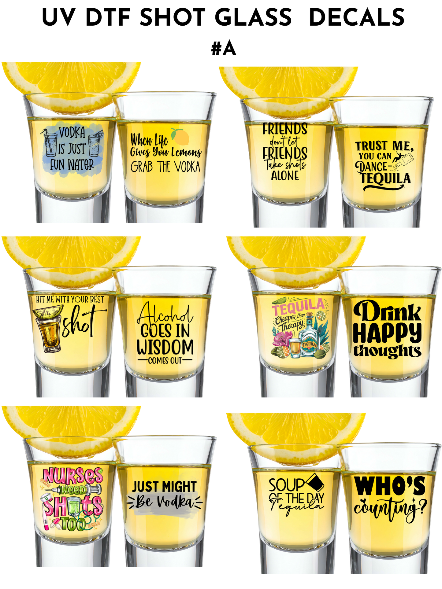 BUNDLE #A- 12 decals -Shot glasses or keychain