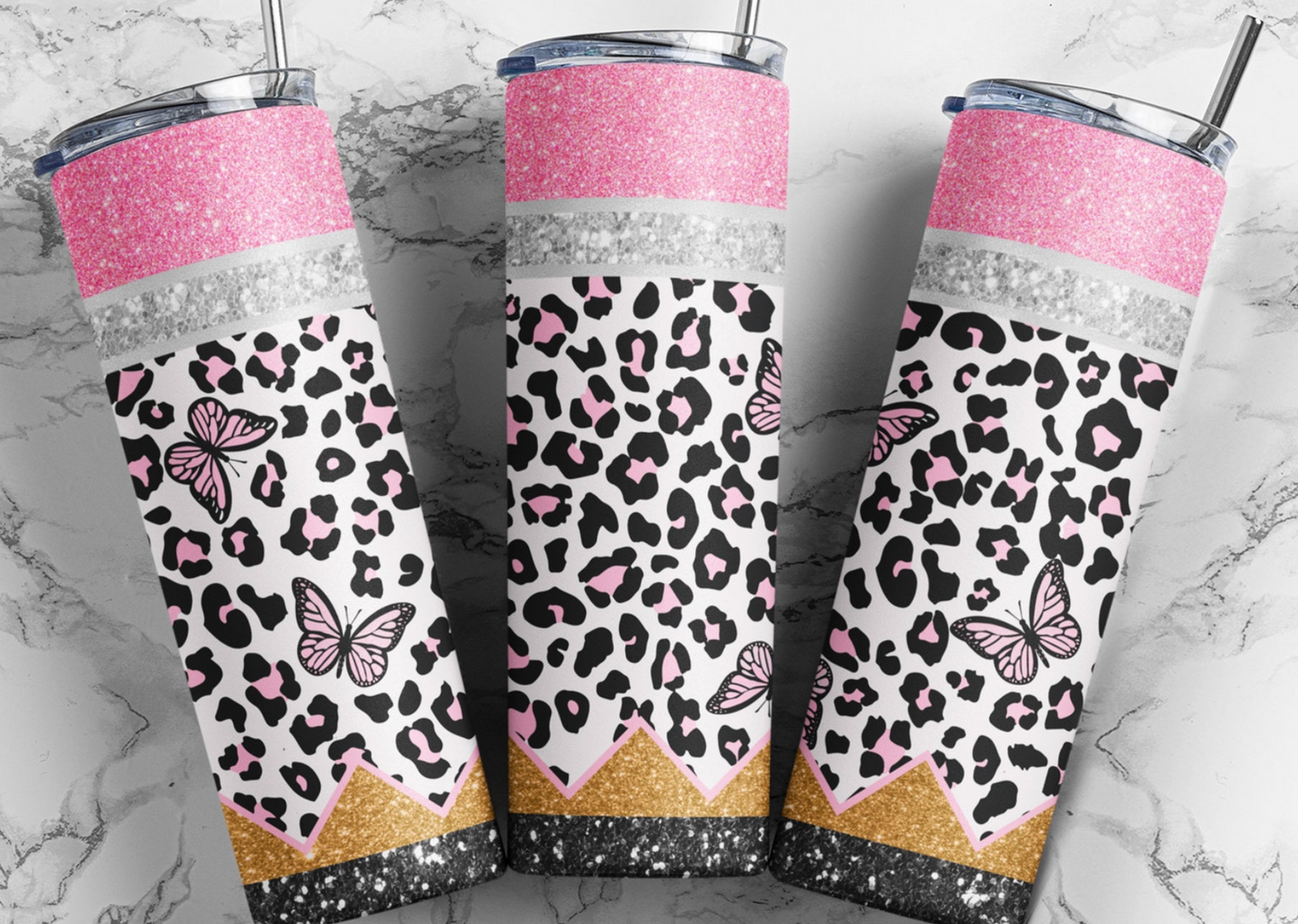 Leopard Glitter Teacher Tumbler, Butterflies 20oz Skinny Tumbler Sublimation