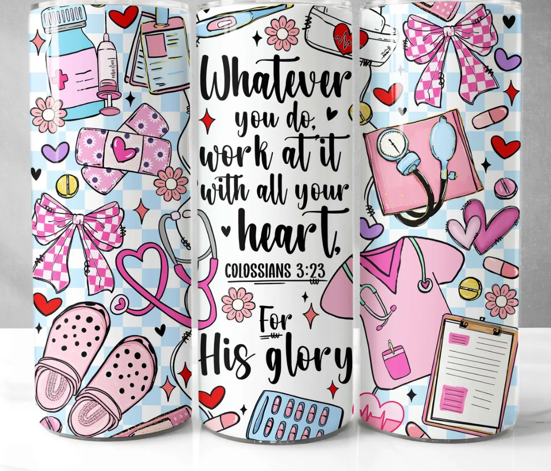 Christian Nurse Tumbler Wrap PNG Bible Colossians 3:23 Checkered Coquette Seamless-20oz Skinny Tumbler
