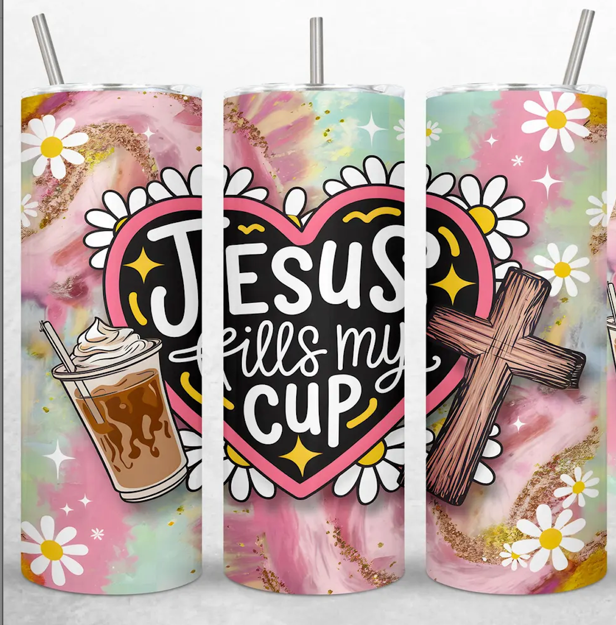 Jesus fills my cup with flowers -20oz Skinny Tumbler