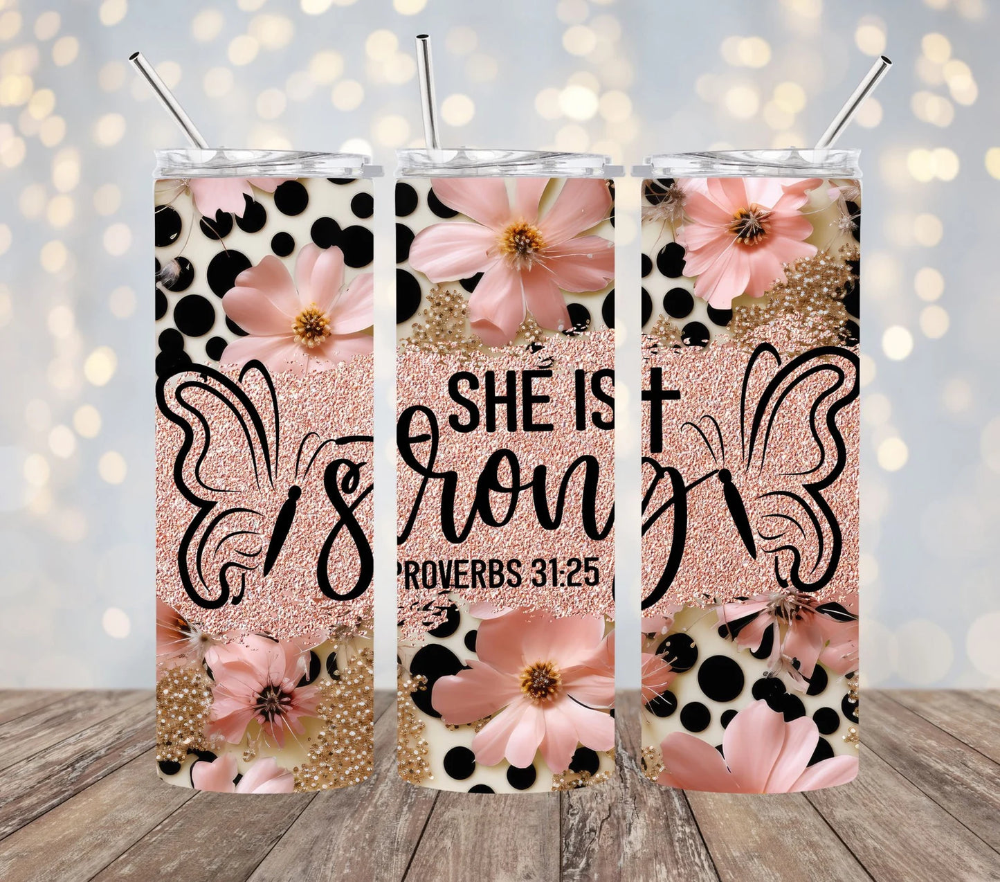 She is Strong butterfly Proverbs 31:25-20oz Skinny Tumbler