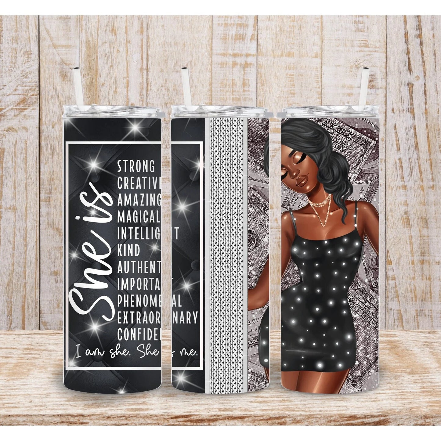 She is Glitter Dollar Bill Inspirational-20oz Skinny Tumbler