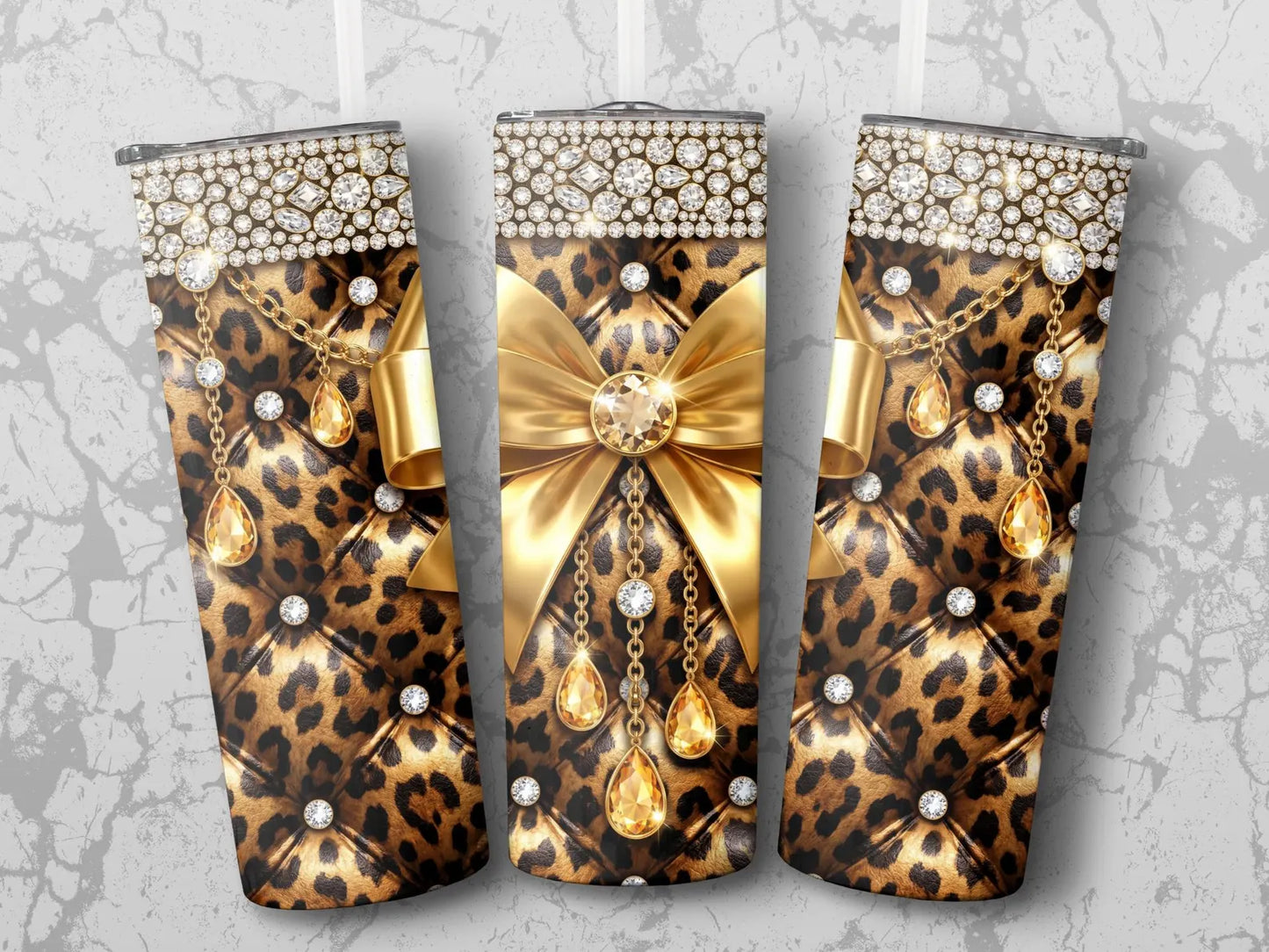 Leopard Diamond Gold Bow-20oz Skinny Tumbler