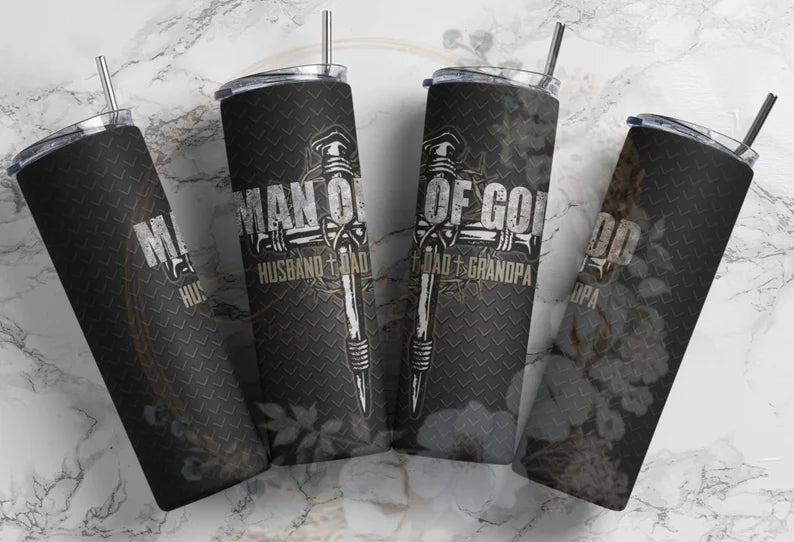 Man Of God Husband, Dad, Grandpa- 20oz Skinny Tumbler Sublimation