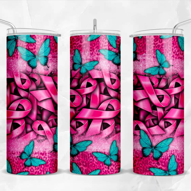 Leopard Butterflies Blue-Breast Cancer theme -20oz Skinny Tumbler