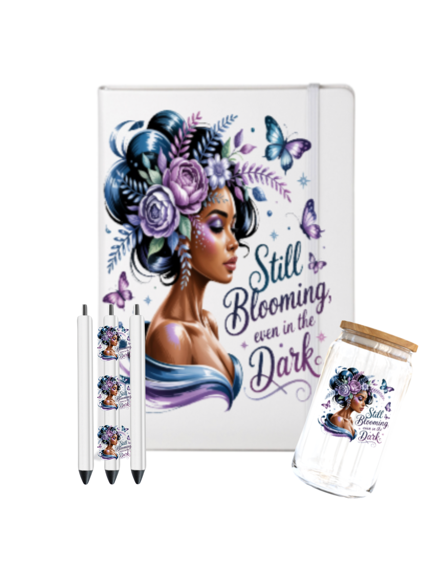 Still Blooming, even in the dark (Melanin Christian related) -Journal UV DTF DECAL