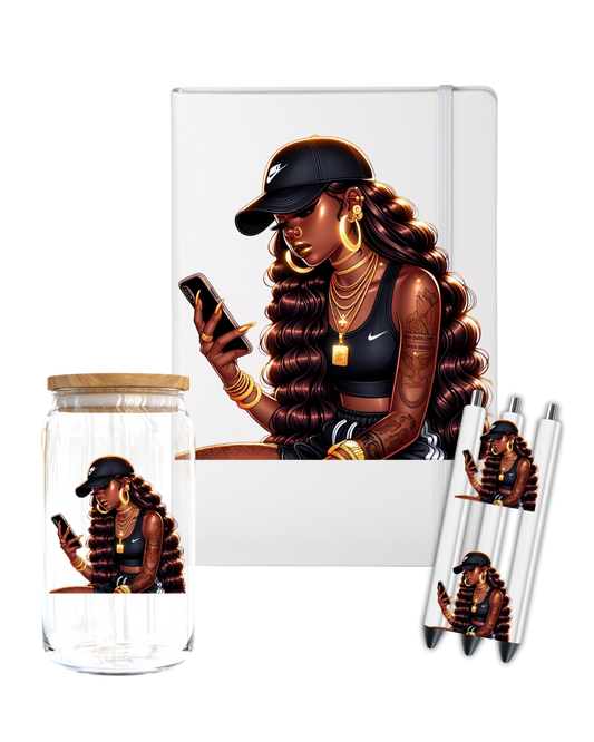 Black woman with gold Jewelry - Journal UV DTF DECAL