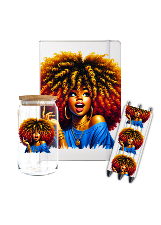 Black woman curly hair - blue shirt -Journal UV DTF