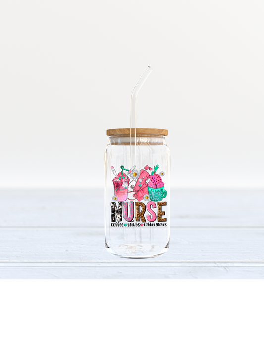 Nurse -coffee, scrubs, rubber gloves  UV DTF DECAL 3''