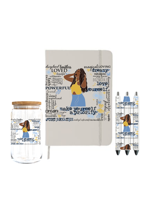 Make yourself a Priority ( Black Woman )(yellow shirt ) | Journal  UV DTF DECAL