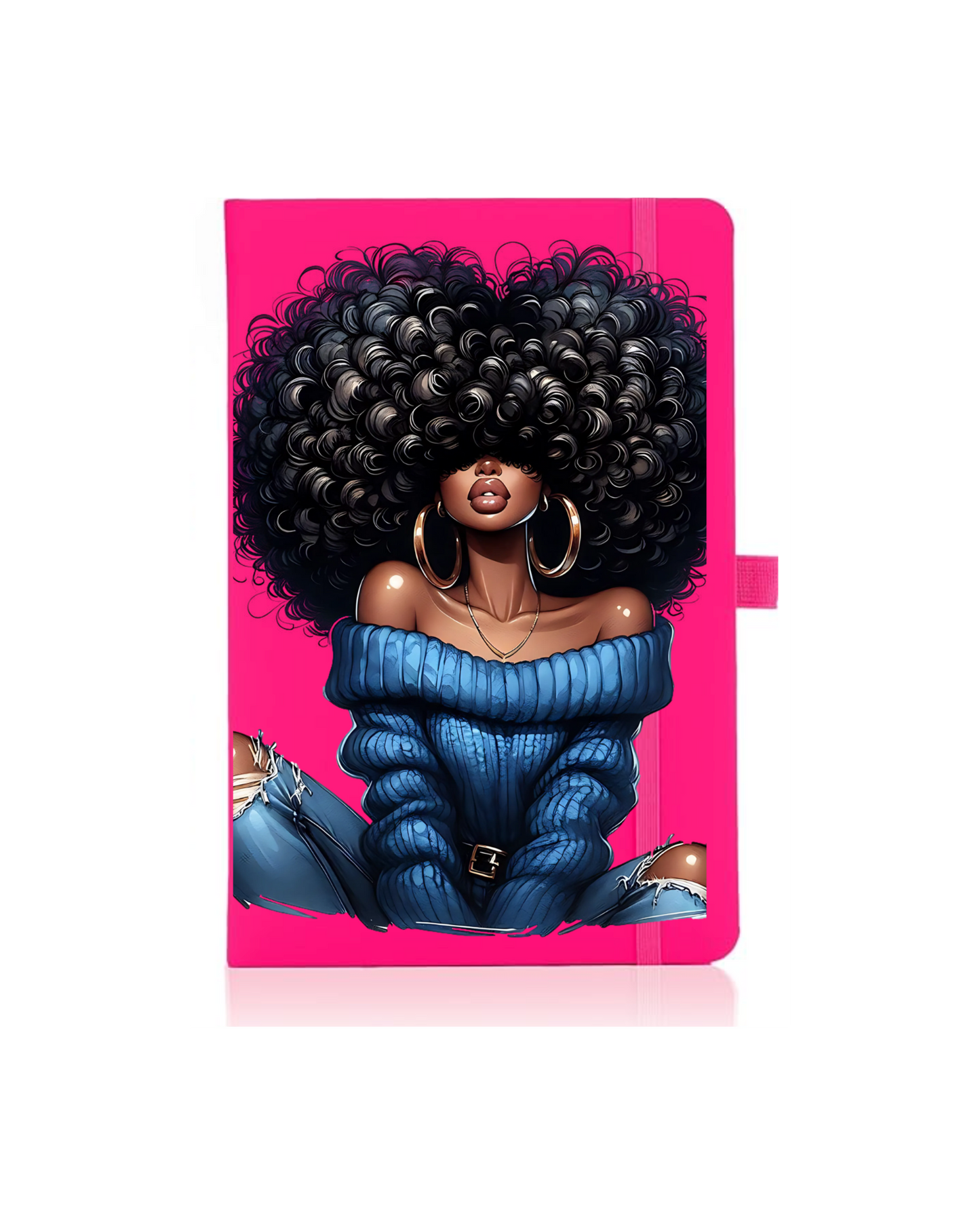 Black woman curly hair blue sweater - Journal UV DTF