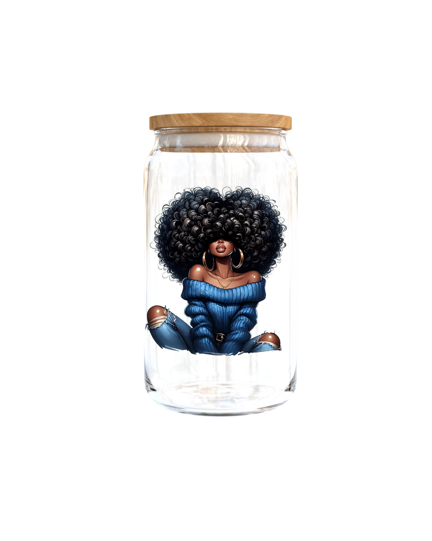 Black woman curly hair blue sweater - Journal UV DTF