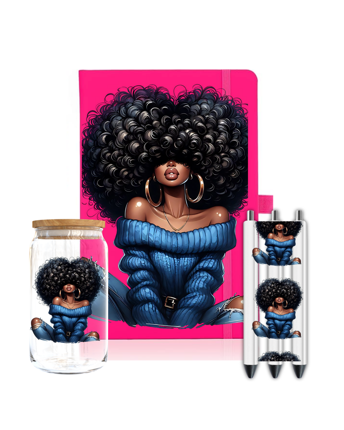 Black woman curly hair blue sweater - Journal UV DTF