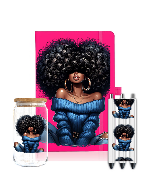 Black woman curly hair blue sweater - Journal UV DTF