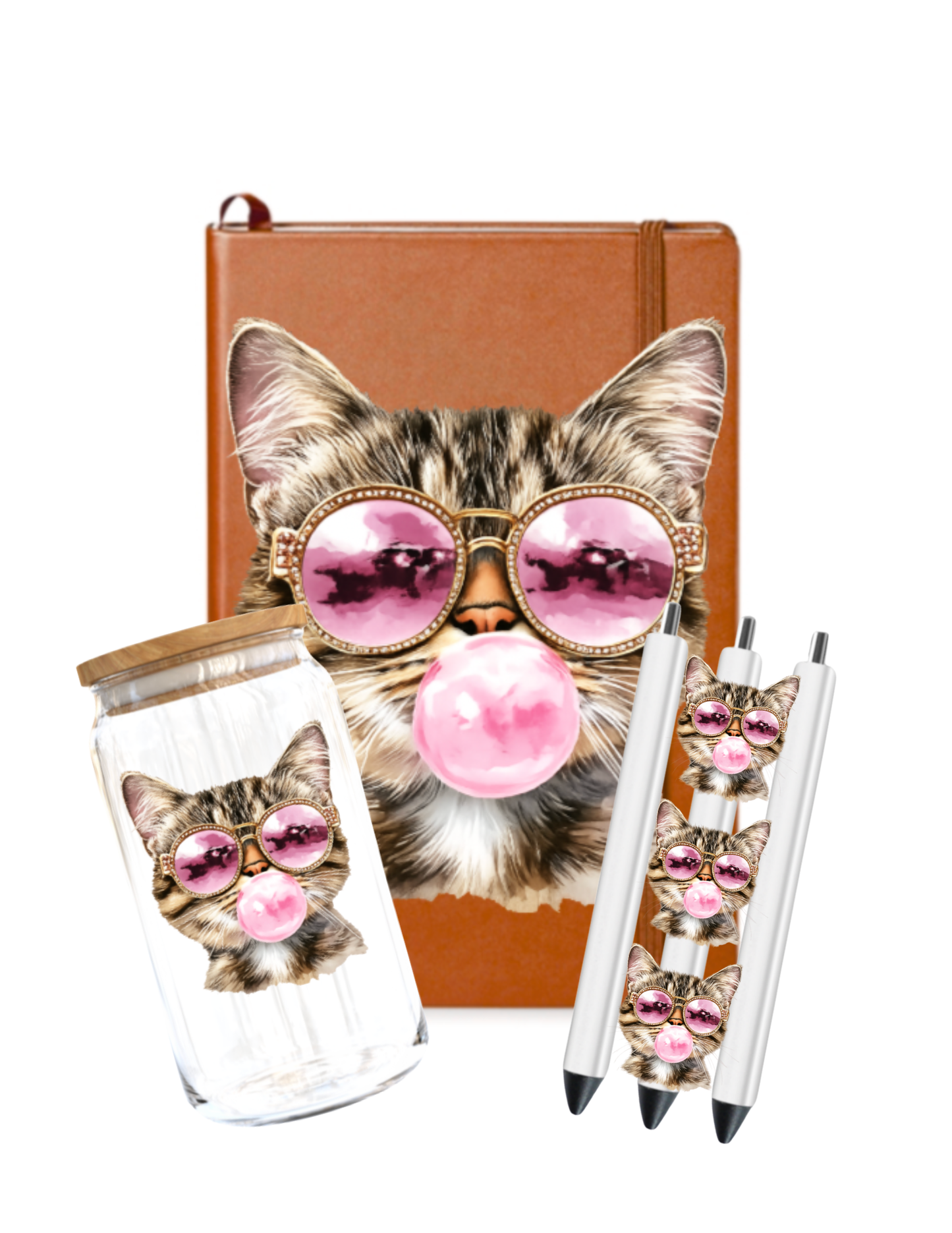Cute Cat with glasses and Bubble Gum Journal UV DTF DECAL