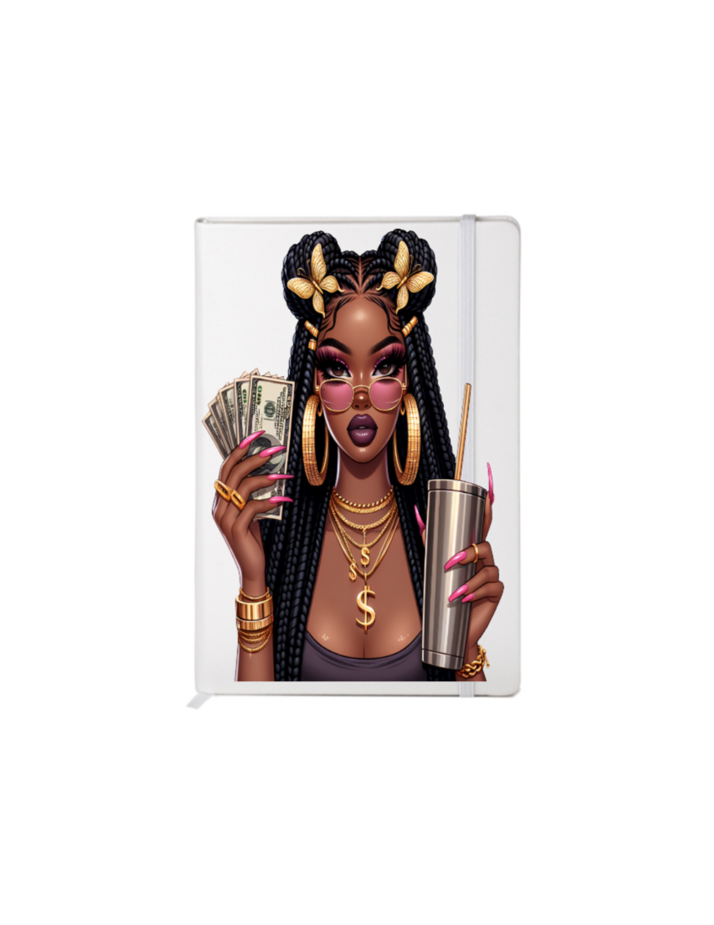 Black woman with braids gold butterfiles in hair tumbler in hand-UV DTF