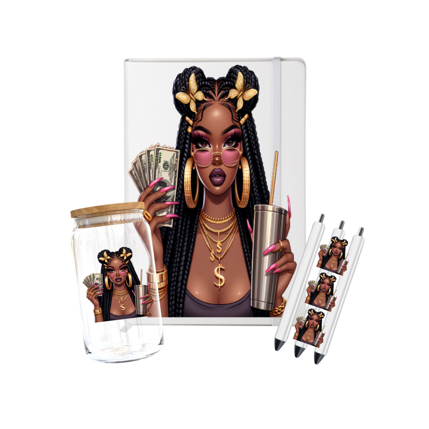 Black woman with braids gold butterfiles in hair tumbler in hand-UV DTF