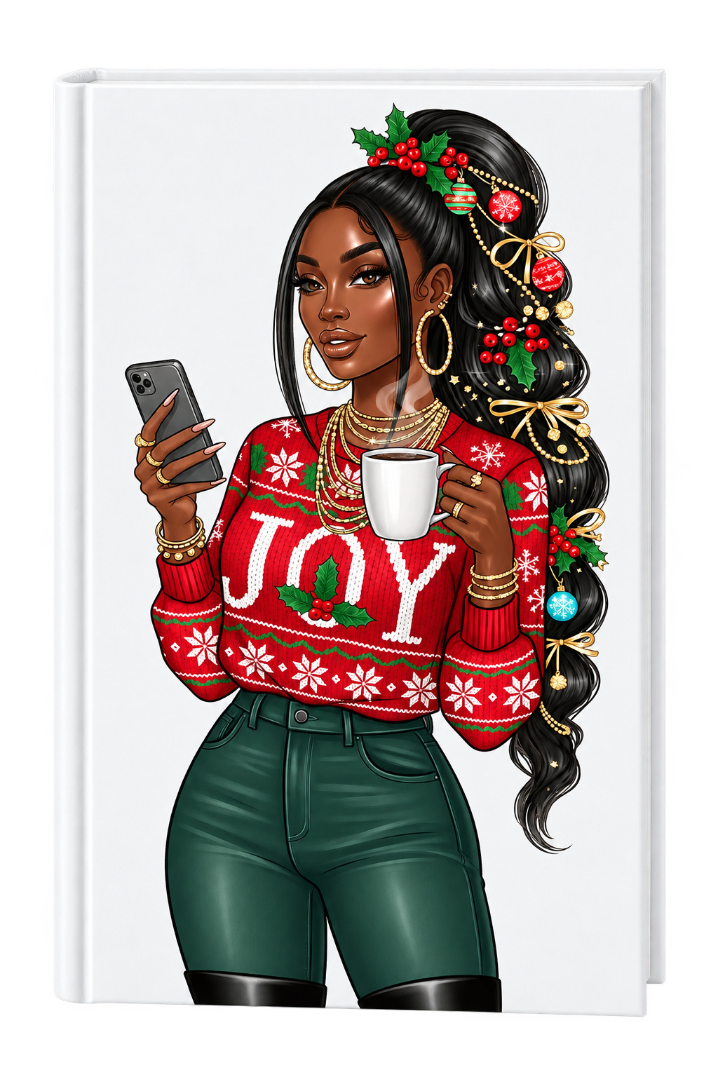 Joy  ( Lady holding phone and mug turned side ways ) (Christmas theme)  -UV DTF