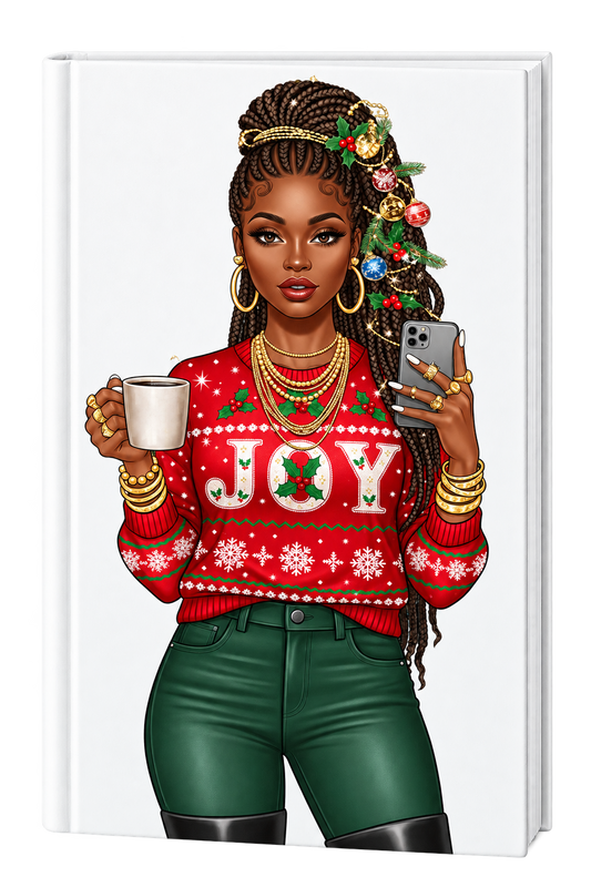 Joy  ( Lady phone & holding mug looking straightforward  ) (Christmas theme)  -UV DTF
