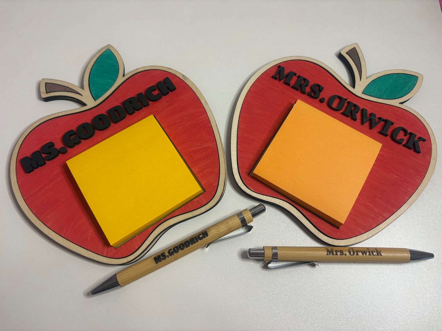 Personalized Apple Teacher Sticky Note Holder with Custom Pen