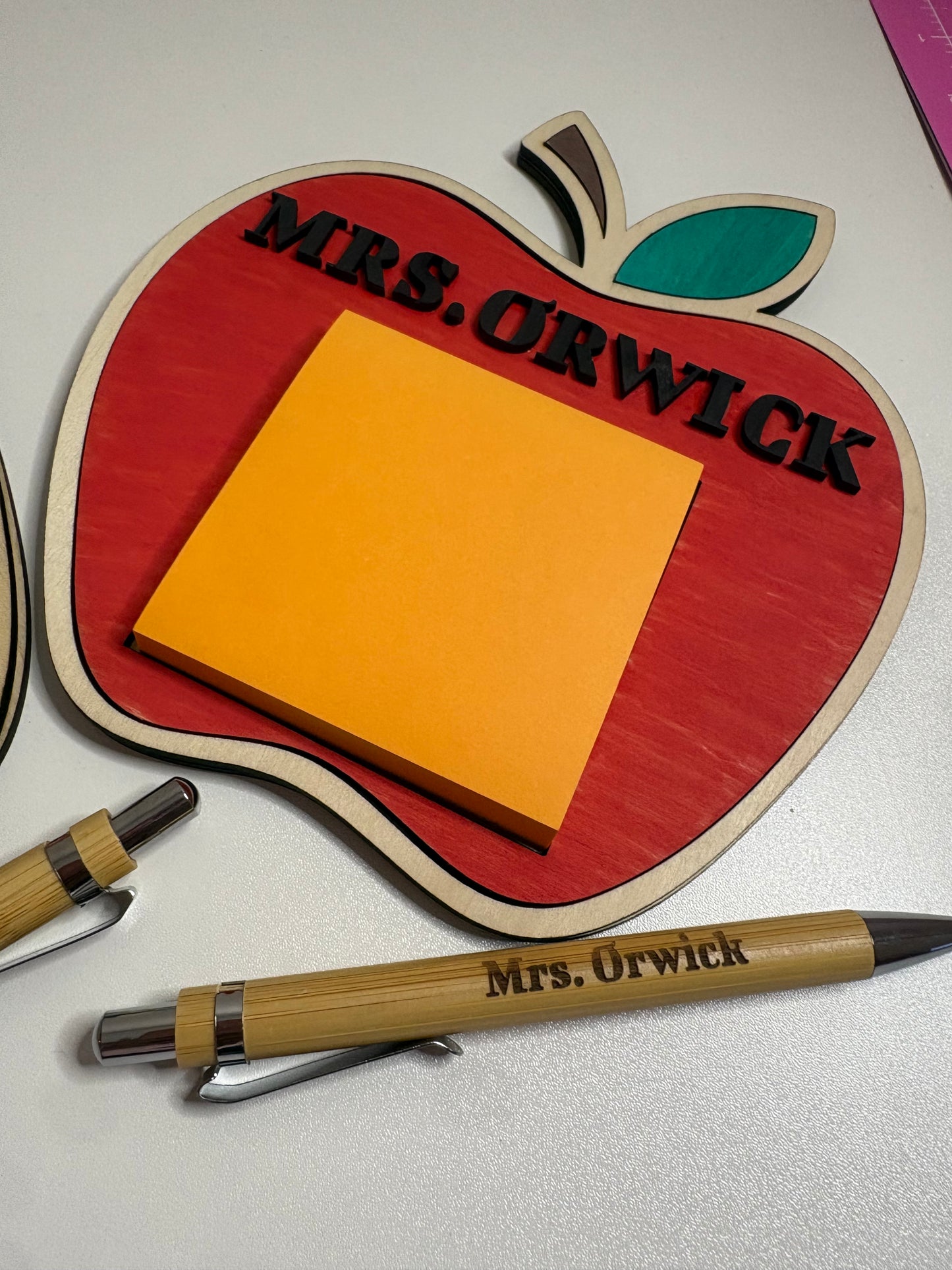 Personalized Apple Teacher Sticky Note Holder with Custom Pen