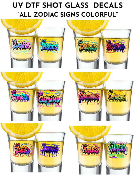All Zodiac Signs Colorful - 12 decals -Shot glasses or keychain