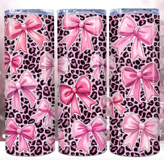 Pink Coquette Bow with Glitter Leopard Skin -20oz Skinny Tumbler