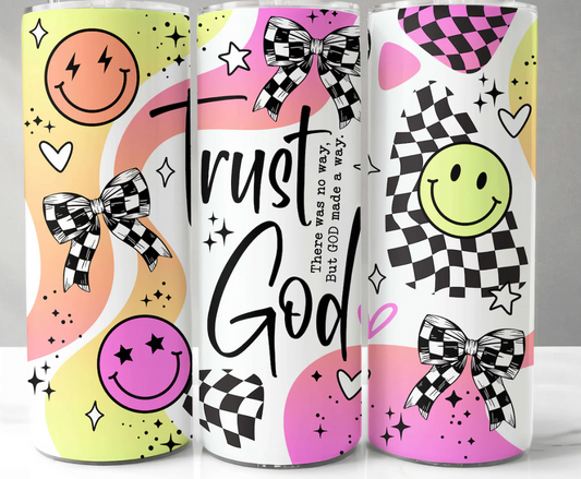 Christian Tumbler Wrap Trust God Retro Smiling Face - Skinny Tumbler
