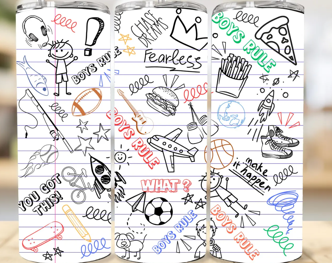 Boys Rule Doodle Notebook Paper-20oz Skinny Tumbler