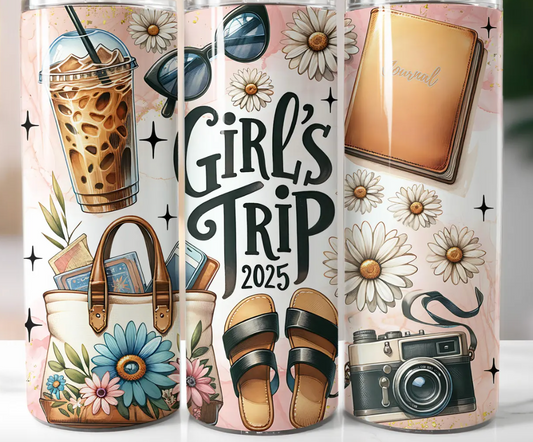 Girls Trip 2025, Daisies, Iced Coffee, Vintage Road Trip-20oz Skinny Tumbler