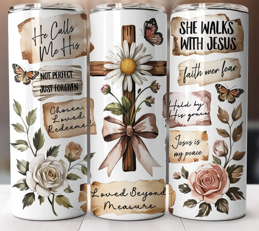 She walks with jesus-20oz Skinny Tumbler