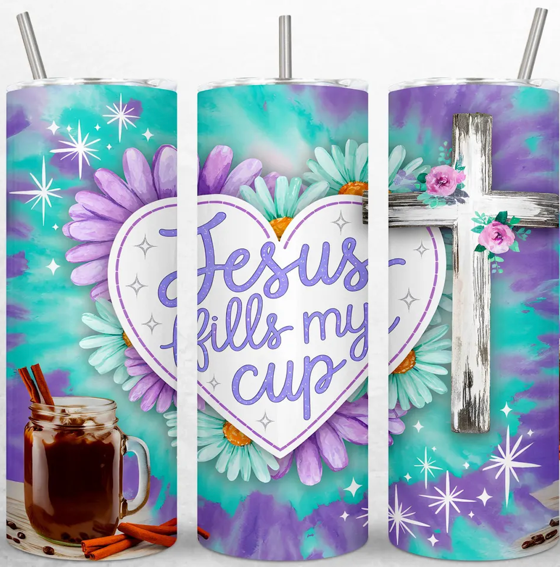Jesus fills my cup (purple & teal) -20oz Skinny Tumbler