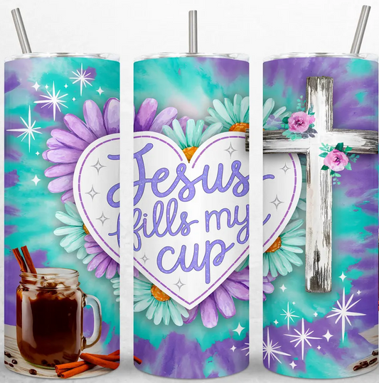 Jesus fills my cup (purple & teal) -20oz Skinny Tumbler