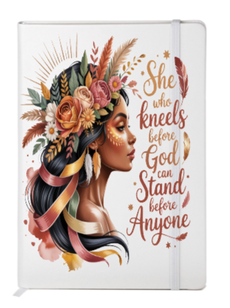 She who kneels before God can stand before anyone (Melanin Christian related) -Journal UV DTF DECAL
