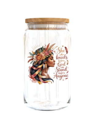 She who kneels before God can stand before anyone (Melanin Christian related) -Journal UV DTF DECAL