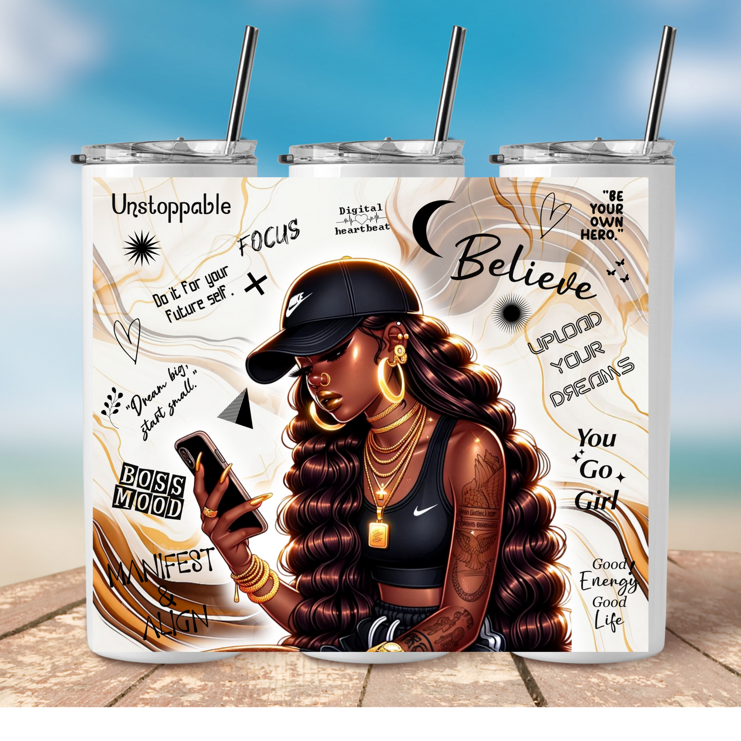 Black woman curly hair affirmations  on phone  -20oz Skinny Tumbler