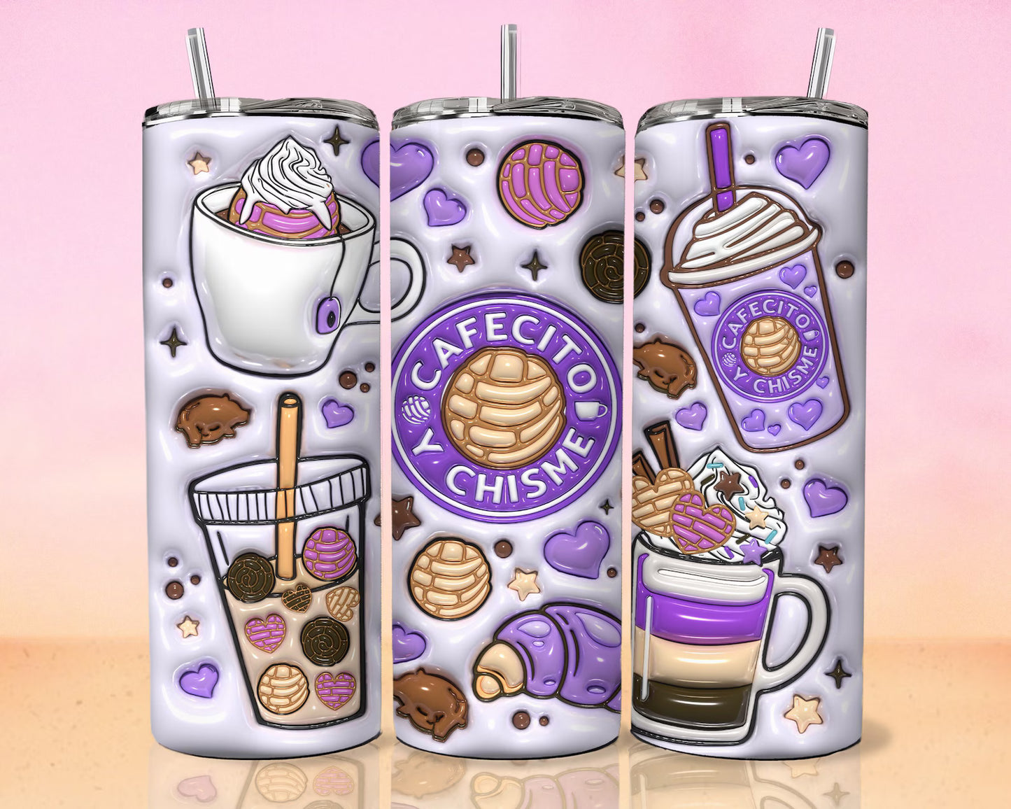 3D Cafecito y Chisme Inflated Tumbler Wrap20oz Skinny Tumbler