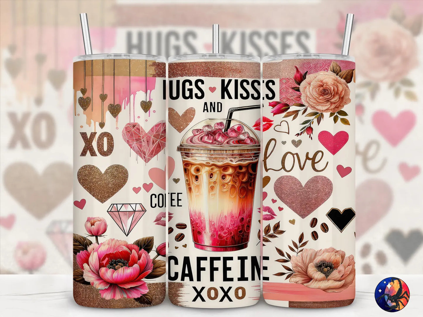 Hugs Kisses & Caffeine Glitter Valentine'sTumbler Wrap -20oz Skinny Tumbler