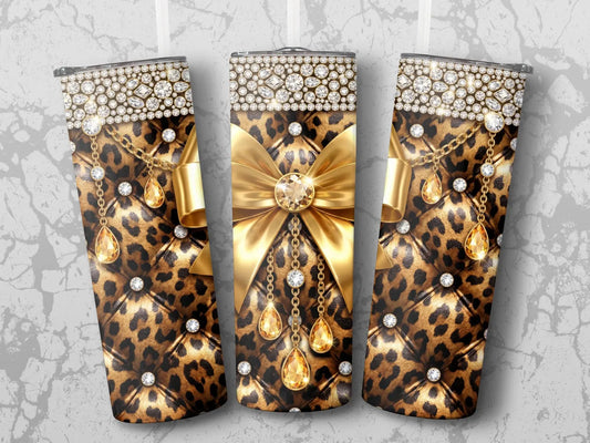Leopard  Diamond Gold Bow-20oz Skinny Tumbler